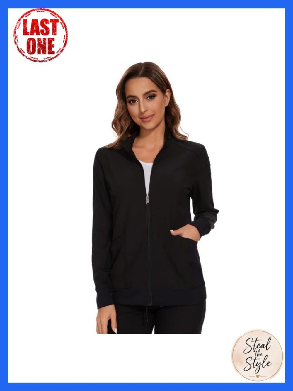 Womens Scrub Jacket Zip Front Nurse Medical Uniform Knit Cuff